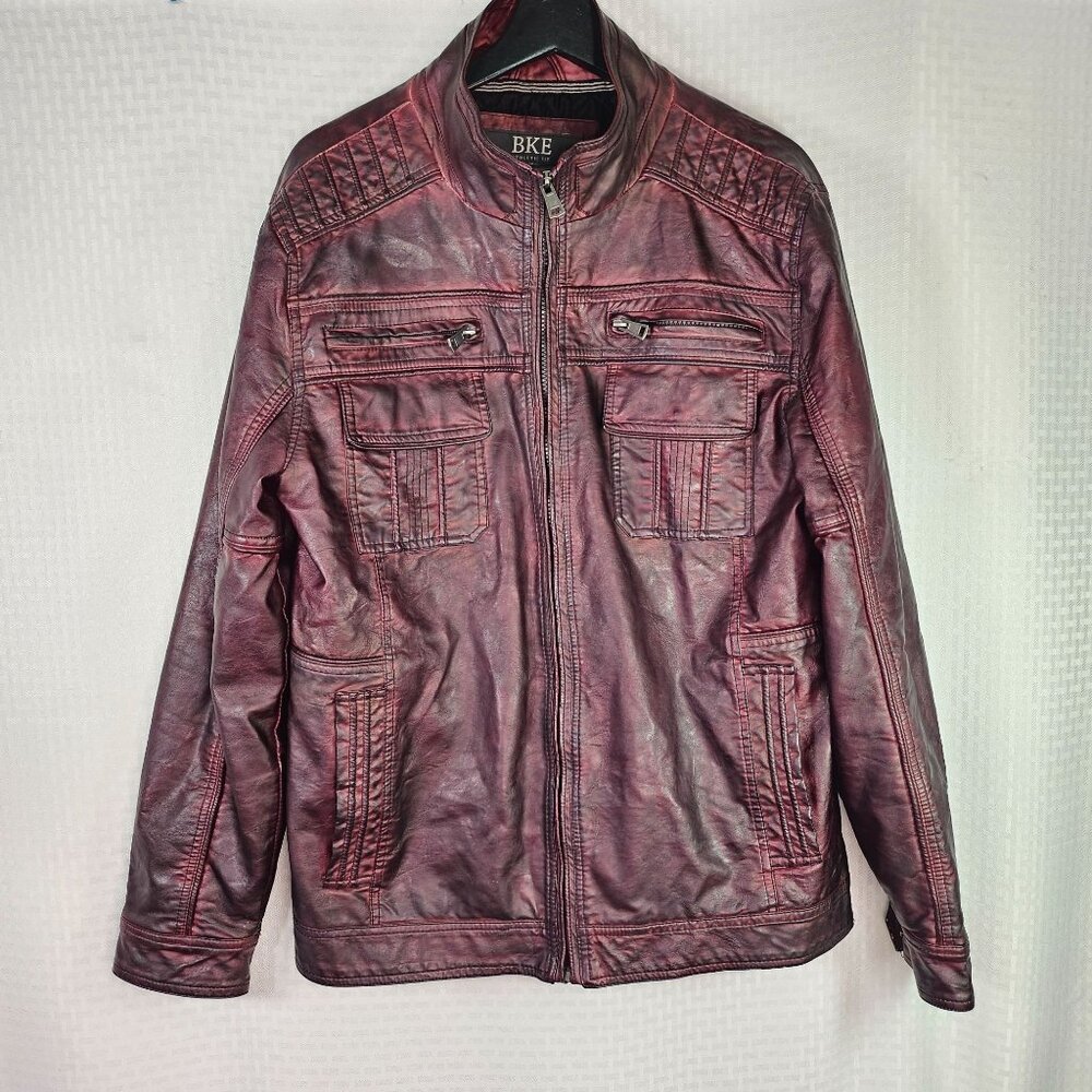BKE Burgundy Faux Leather Moto Jacket With Multiple Pockets & Quilted Shoulder